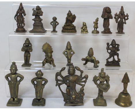 Collection of seventeen Indian bronze and brass murti or deity figures, the largest 10cm high, the smallest 3cm high; also a 