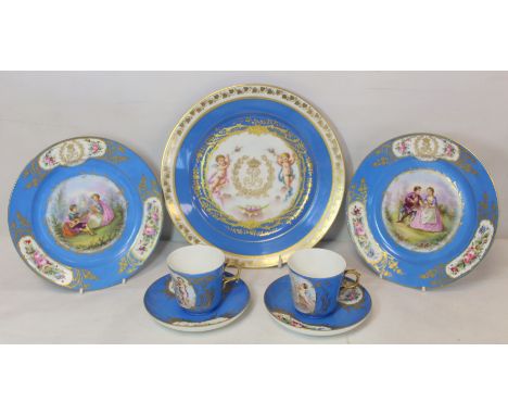 Seven pieces of Sevres blue celeste porcelain teawares, made for Chateau des Tuileries, all with gilt Royal cypher of King Lo