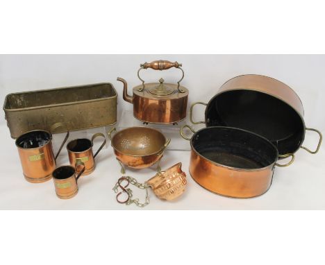 Collection of late 19th and later copper, comprising: oval kettle; two graduated oval twin handled pans; three graduated copp