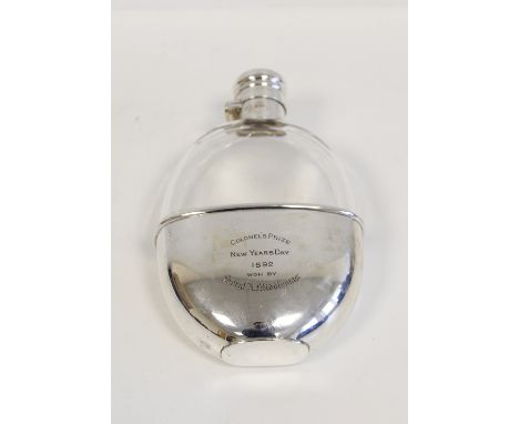 Silver mounted glass hip flask with detachable cup by S. Mordan & Co 1890. Hallmarks rubbed. Light surface scratches to silve