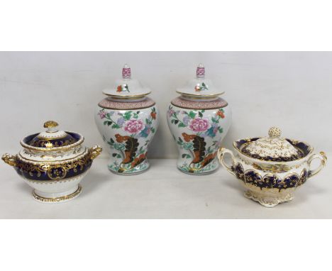 Two 19th century English porcelain twin handled covered sucriers with blue and gilt decoration, each 15cm high; also a pair o