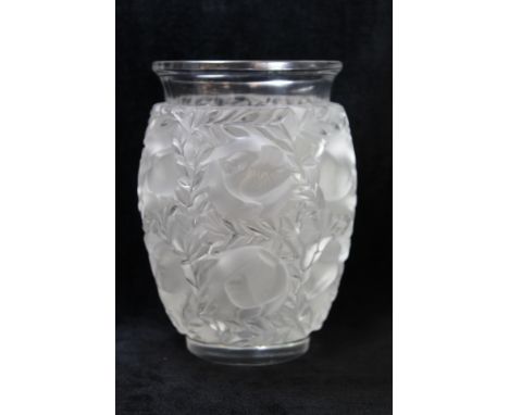 French Lalique "Bagatelle" clear and frosted glass vase of ovoid form, moulded with plump little birds amongst foliage. Incis