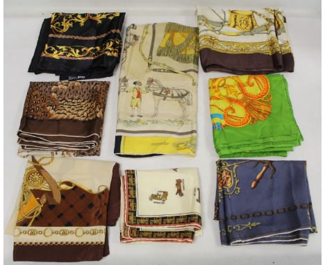 Hermès "Harnais a L'Anglaise" vintage silk scarf, some staining and seven other silk scarves.  (8). Condition report:Hermes: 