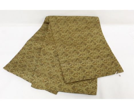 Late 19th/early 20th century Japanese silk brocade obi sash woven in yellow ochre with birds amongst foliage. Approx. 353cm x