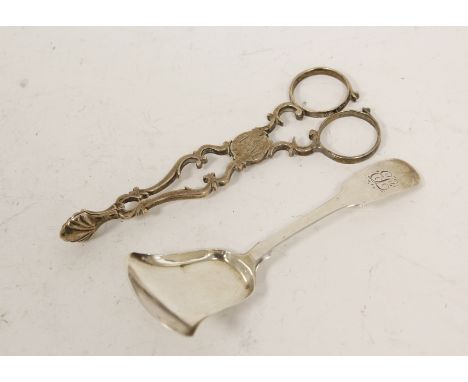 Silver sugar tongs probably by Jury and Adams c1760 and a caddy spoon, fiddle pattern by Thomas Watson, Newcastle 1822