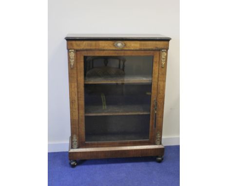 Victorian inlaid walnut side cabinet with metal mounts enclosed by single glazed door, on bun feet Size:Internal dimensions: 