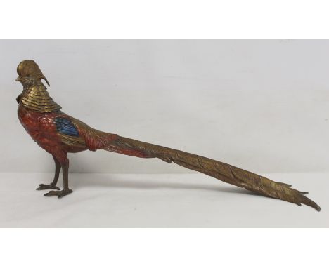 Large cold painted bronze figure of a golden pheasant in the manner of Franz Bergman, unmarked, approx. 53cm long and 25.5cm 