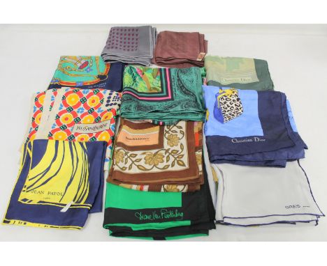 Eleven vintage designer silk scarves, comprising: two x Christian Dior, Oscar de la Renta, Jean Patou, Gil de Losne, Yves Sai