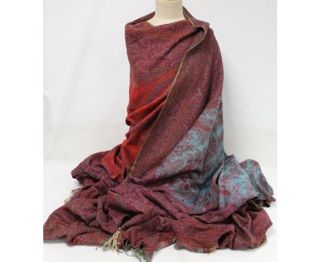 Victorian paisley wool shawl, single sided, the two tone red and turqoise field with woven foliate scrolls and borders of bot