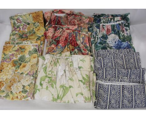 Three pairs of Sanderson floral pattern curtains; blue, each curtain approx. 150cm drop x 125cm wide; pink, each curtain appr
