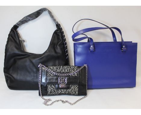 Three L K Bennett lady's handbags: a black leather slouch shoulder bag, approx. 39cm wide; a blue leather tote bag, 36cm wide