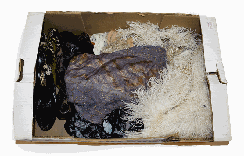 Assorted costume accessories, comprising a pair of Edwardian black leather R W Forsyth Edinburgh shoes, a pair of black lace 