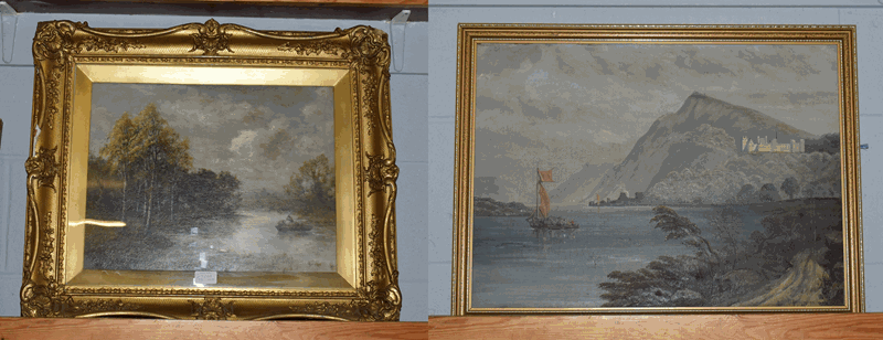 Jas. Christian Bruce (19th / 20th century), figures hunting with laden vessel on a river, signed oil on board, together with 