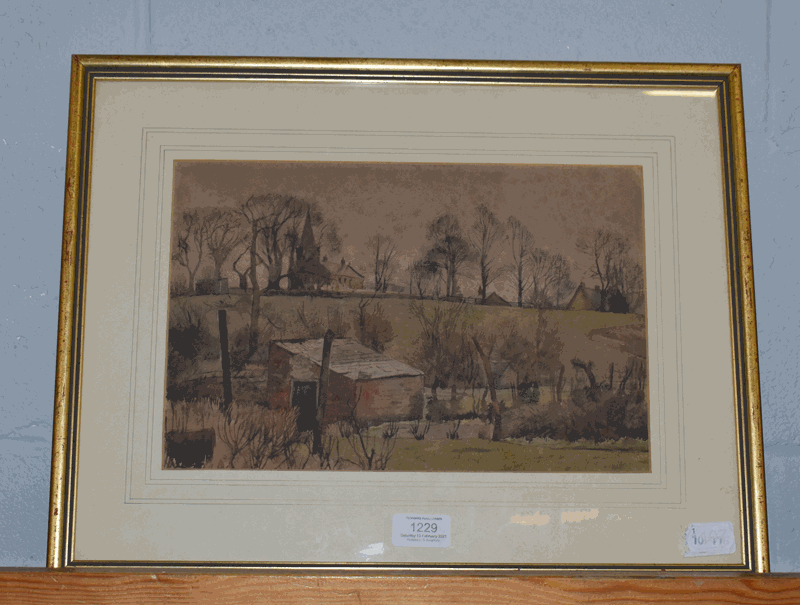 Charles Frederick Tunnicliffe RA, RE, ARCA (1901-1979) Sutton church, school &amp; vicarage from school lane, Signed, waterco