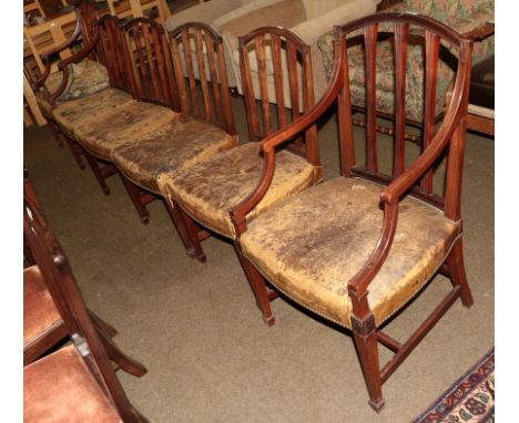 A set of six late 18th century style mahogany dining chairs, circa 1900/1910 including two carvers, one chair with label  ''H