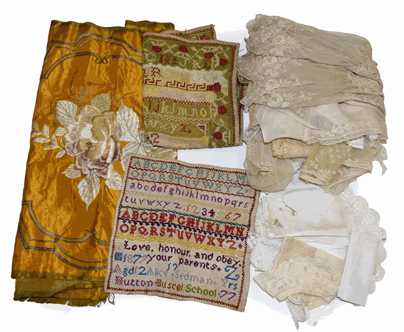 Assorted lace trims, underskirt, collars, decorative cotton handkerchiefs many with lace trims, unframed sampler worked by Be