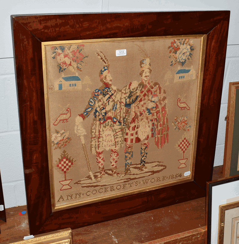 A Victorian woolwork picture in cushioned mahogany frame, portrait of a pair of Highlanders and inscribed Ann Cockrofts Work 