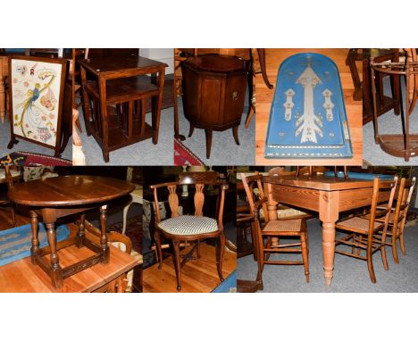 A reproduction leather top cupboard, a three division stick stand, an occasional table, a fire screen, a drop-leaf table, an 