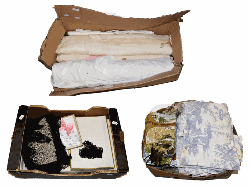 Assorted textiles including toile pattern curtains, fabric remnant Dukes &amp; Drakes Leisure Hours by Warner &amp; Sons, ano