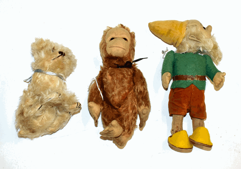 Schuco brown plush yes/no monkey, with glass eyes, 23cm, Steiff felt dwarf figure with moving head mechanism, 26cm and a seat
