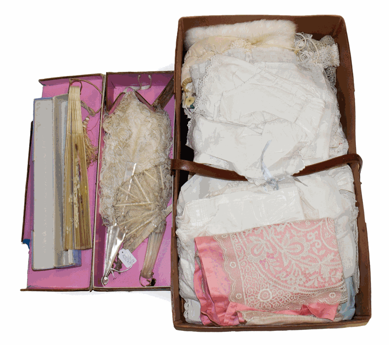 Box of assorted baby and toddler dresses, some with embroidered details, lace mounted pink cotton pyjama case, white rabbit f