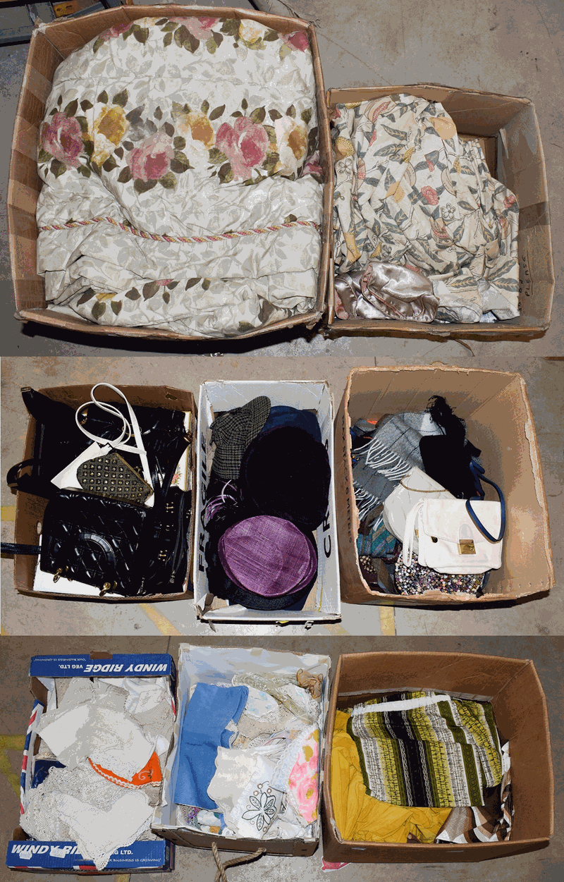 Assorted costume accessories and textiles, comprising curtains, white linen, crochet textiles in various colours, hatbox box,