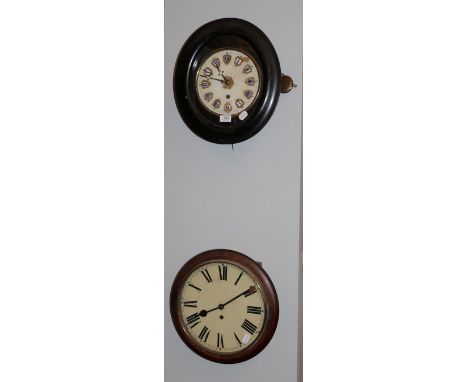 A Victorian wall mounting timepiece, with painted circular dial and mahogany bezel, 38cm diameter, together with a similar ha