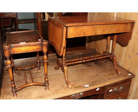 A mahogany drop leaf sofa table with leather inset top together with a walnut occasional table, 110cm by 42cm (extended) by 5