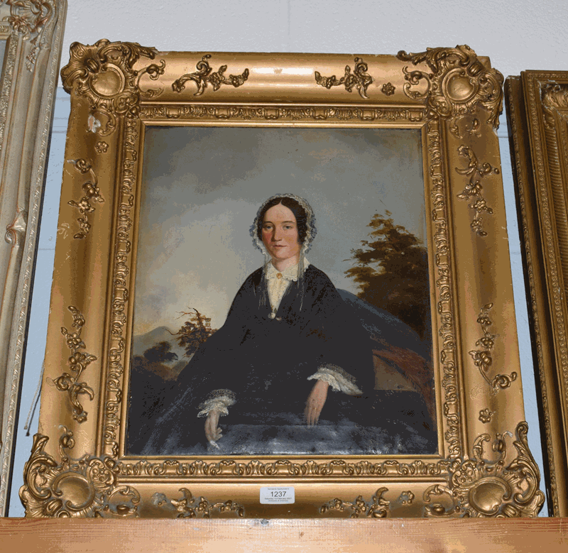 British school (19th century), portrait of a lady three quarter length, seated before a landscape wearing a white lace bonnet