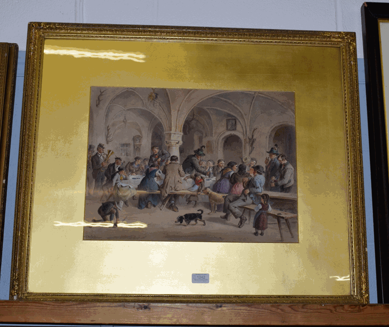 Carl Goebel (1824-1899) Austrian, a tavern scene with figures, musicians and children merry making, signed, watercolour, toge