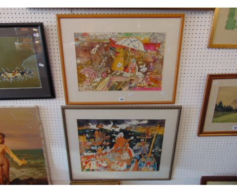 A framed Noah's Ark pen and ink plus a print