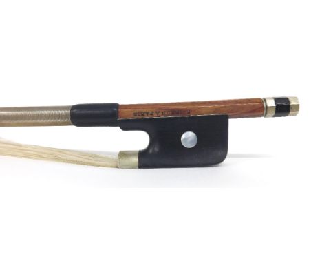 French nickel mounted violin bow stamped Poirson á Paris, the stick round, the ebony frog inlaid with pearl eyes and the ebon