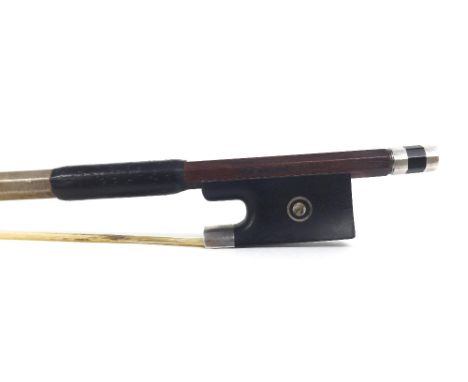 German silver mounted violin bow stamped A.R. Reichel **, the stick round, the ebony frog inlaid with silver rings enclosing 