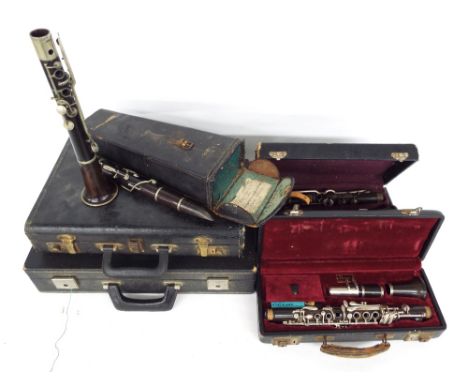Four old clarinets in need of attention, including Boosey & Hawkes Edgware, Chappell, also two paired clarinet hard cases