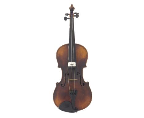 Late 19th century violin labelled and branded Hopf below the button, 14 1/8", 35.90cm, bow, case