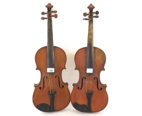 French Guarneri copy violin labelled Choisi par Leon Bernardel, Luthier, 14 1/8", 35.90cm; together with another violin label