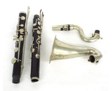 Hawkes & Son Excelsior Sonorous Class bass clarinet, ser. no. 2044, within a tenor saxophone case