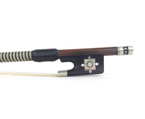 Good German nickel mounted decorative violin bow stamped Bausch-Leipzig, the stick round, the ebony frog inlaid with geometri