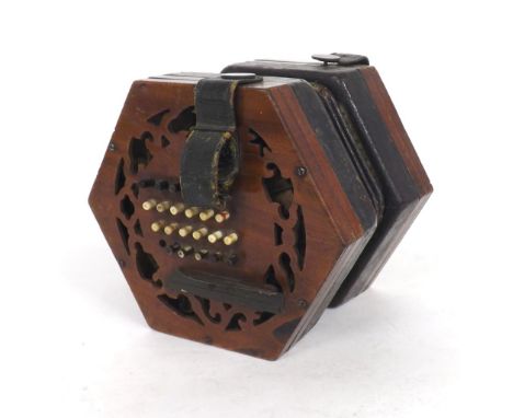 English forty-eight button concertina, with pierced mahogany ends and four-fold bellows (at fault)
