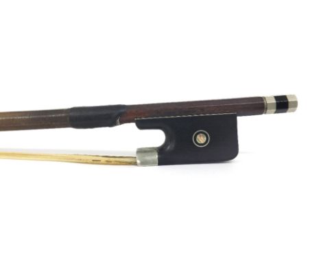 Nickel mounted violoncello bow stamped *Josef Sandner*, the stick octagonal, the ebony frog inlaid with nickel rings enclosin