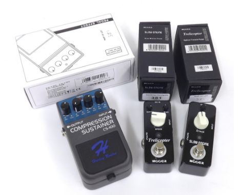 Mooer Trelicopter optical tremolo guitar pedal; together with a Mooer Slow Engine slow motion guitar pedal, both boxed, and a