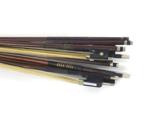 French violin bow stick stamped Thomassin á Paris (at fault); also a small quantity of other violin bows 