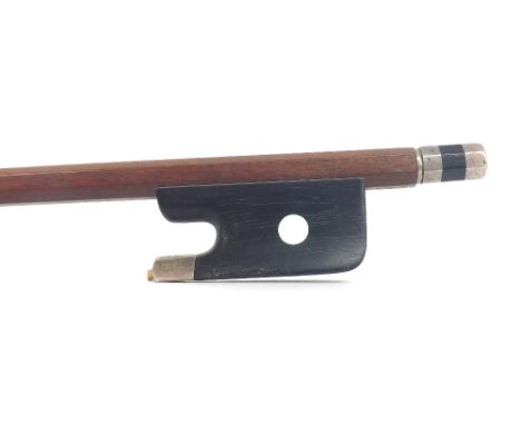 English silver mounted violin bow by David Newton, unstamped, the stick octagonal, the ebony frog inlaid with pearl eyes (one