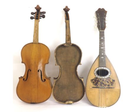 Two interesting old English violins in need of restoration, one labelled Will Hurst, Rugby, March 1887, 14 1/16", 35.70cm; th