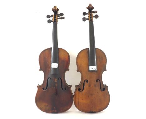 Interesting old eccentric violin branded Duke below the button, 14 1/8", 35.90cm; also another 19th century violin branded Du