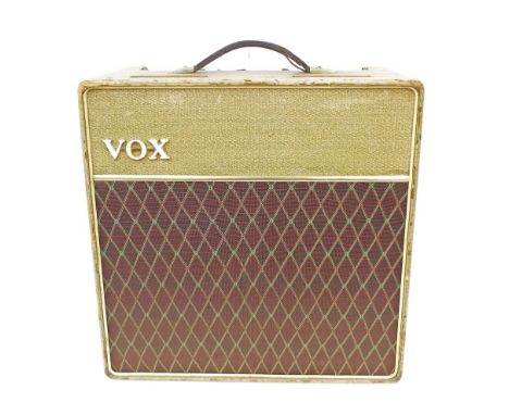 1961 Vox AC-15 guitar amplifier, made in England, ser. no. 4376/N, black and gold highlighted control panel, replaced grille,