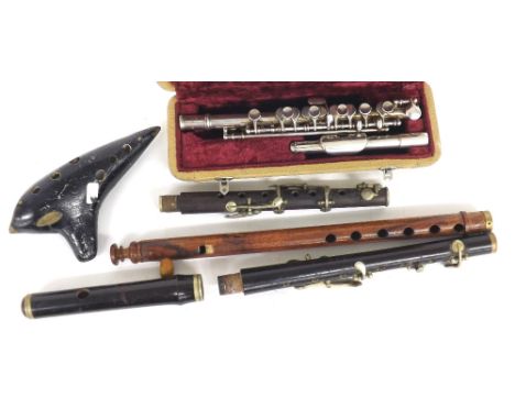 Metal piccolo stamped F. Buisson, case; together with a four keyed fife, seven keyed fife section stamped Rudall Carte, ethni