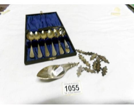 An unusual silver caddy spoon, 13 silver 1920/30's medal bars and a cased set of silver plate spoons