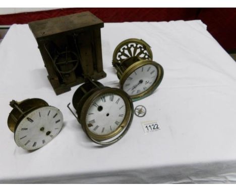 3 French clock movements with dials including D.G, CIE, S. Marti etc and a wooden bird cage movement