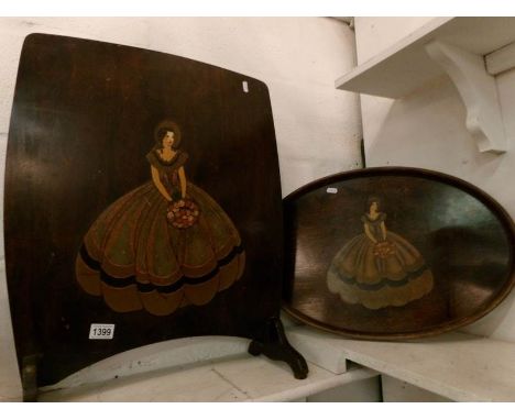 A Crinoline lady firescreen and tray